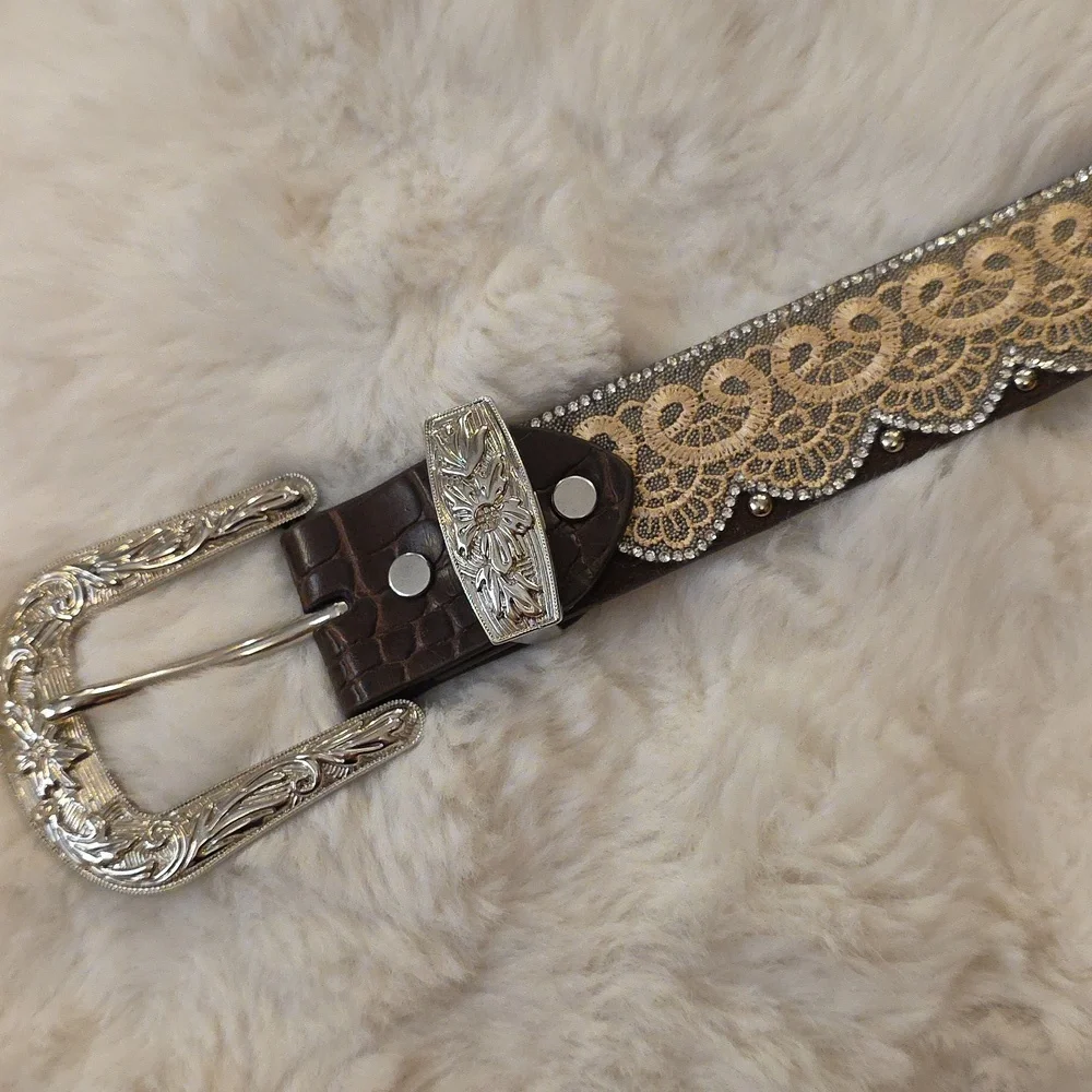 Angel Ranch Western Silver Rhinestone Lace Scalloped Feminine Belt Womens S - Picture 5 of 13
